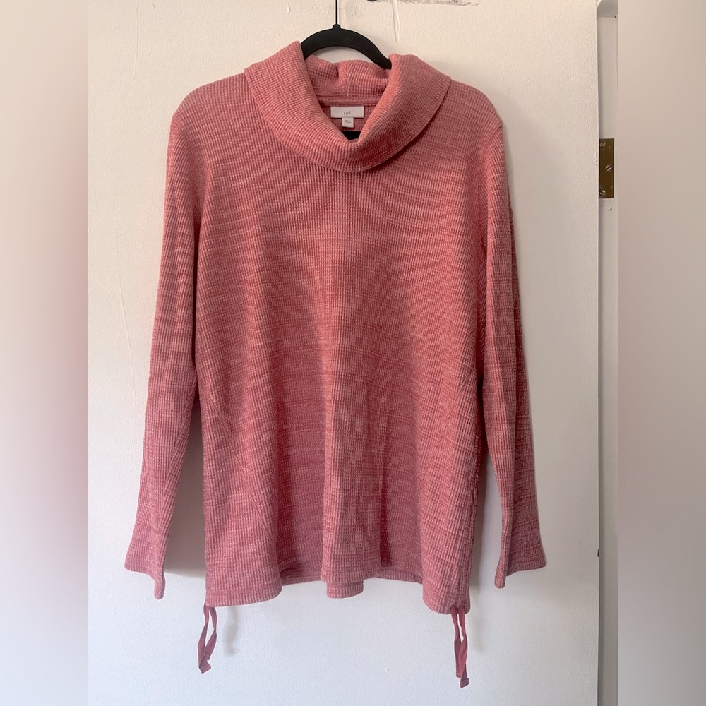 J. JILL Sweater Size Large Red‎ Cowl Neck Waffle Knit Rusched Side Ties Pullover